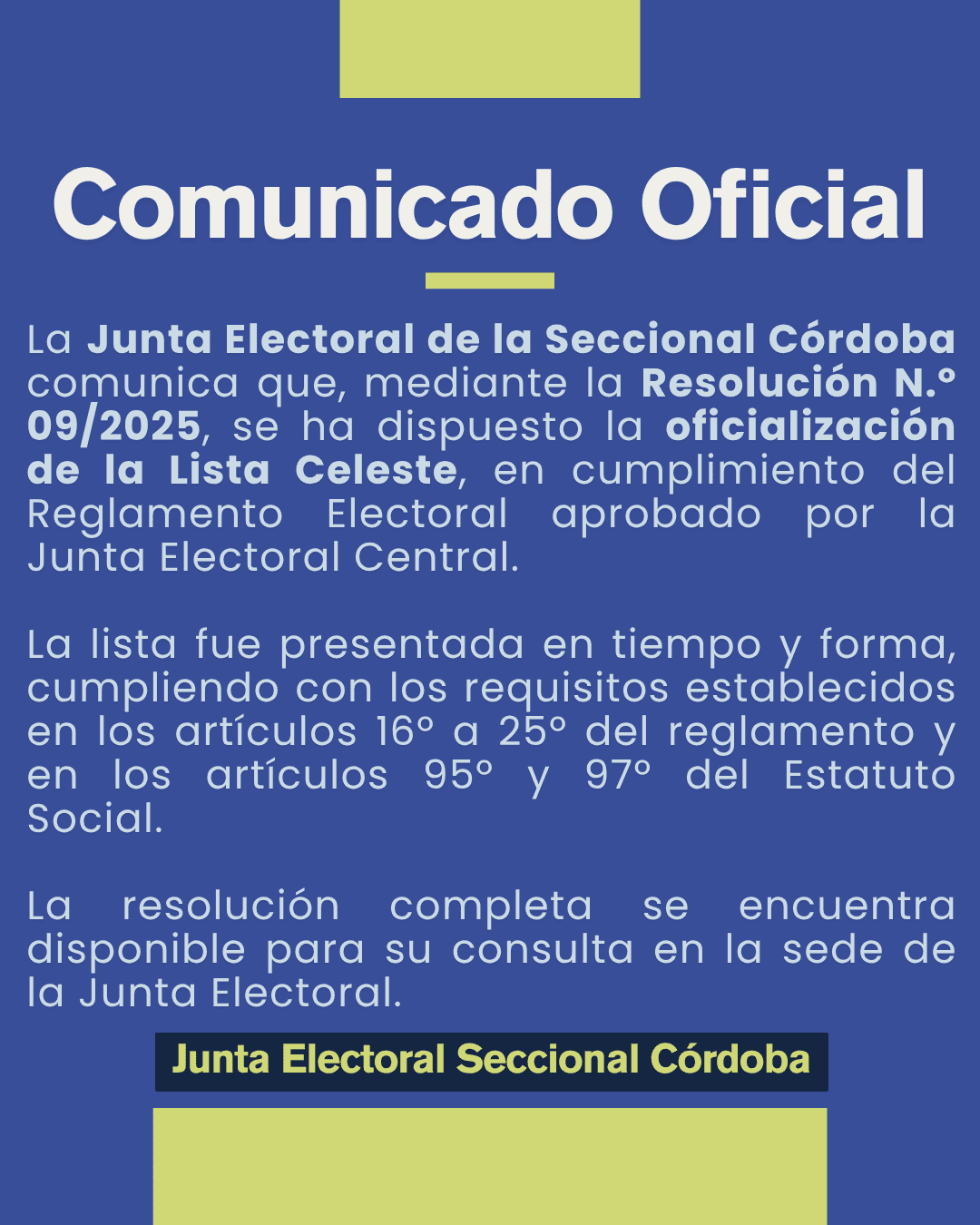 Comunicado oficial – Junta Electoral Seccional Córdoba